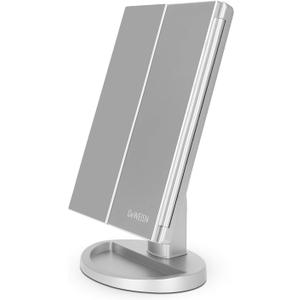 Deweisn Dresser Mount Tri-Fold Lighted Vanity Mirror with 21 LED Lights, Touch Screen and 3X/2X/1X Magnification, Two Power Supply Modes Make Up Mirror,Travel Mirror (Silver)