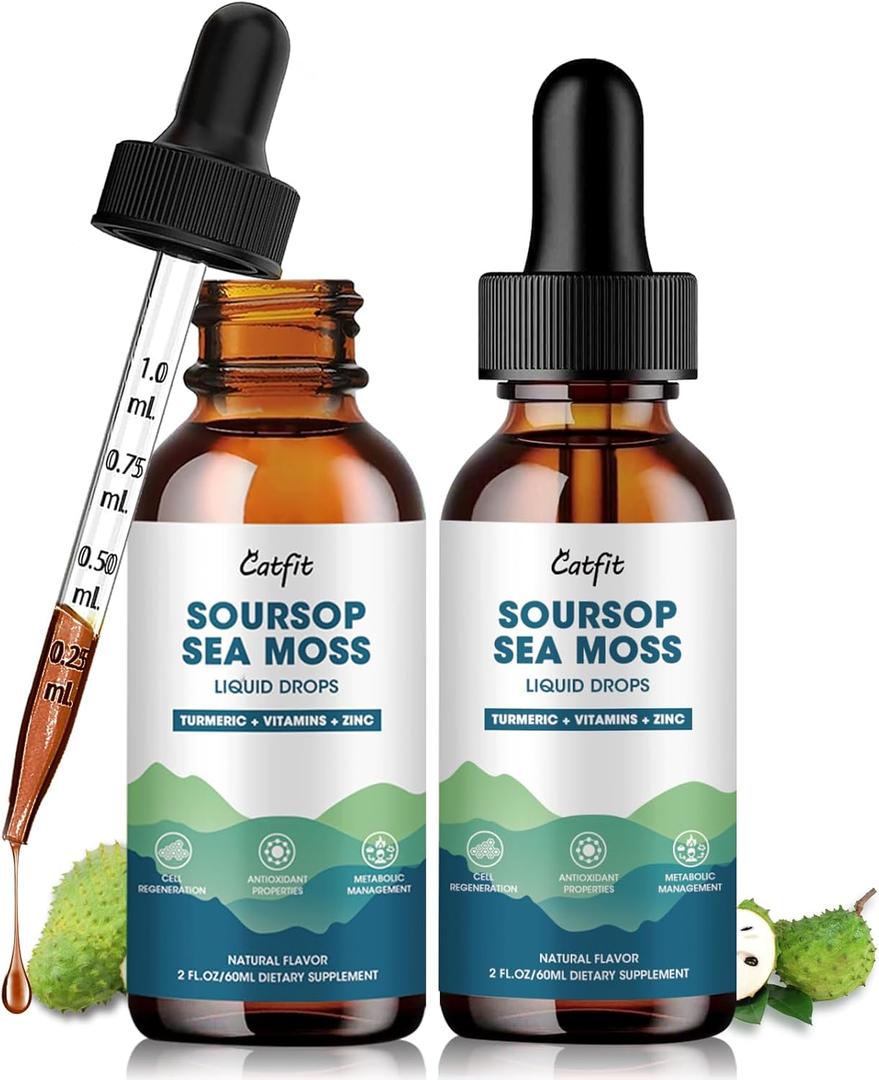Catfit Soursop Graviola Liquid Drop  2 Pack Soursop Drops with Sea Moss & Turmeric, Cellular Support & Immunity Boost Liquid Supplement, 2 Fl Oz