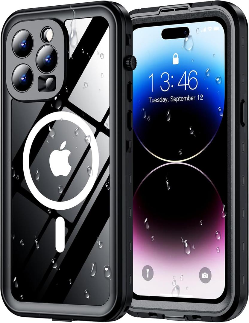 Red2Fire for iPhone 14 Pro Case Waterproof, [Built-in Screen Protector & Camera Protector][Compatible with MagSafe][Full Body Shockproof][IP68 Waterproof][Dustproof] Phone Case 6.1" Black/Clear