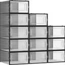 SONGMICS Shoe Boxes, Pack of 12 Shoe Storage Organizers, Stackable Clear Plastic Boxes for Closet, Sneakers, 13.1 x 9.1 x 5.6 Inches, Transparent and Black ULSP006B12