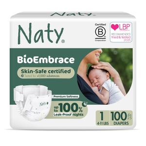 Naty BioEmbrace Baby Newborn Diapers | Sensitive Skin Safe Certified | Leak Protection up to 100% | PlantBased Teddy Softness, Premium Comfort | ChlorineFree | Size 1 (4–11 lbs), 100 Count