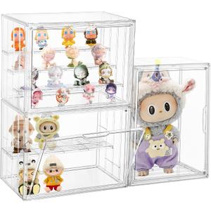 Attelite Acrylic Display Case Compatible with POP MART Labubu Display Case, 4 Tier Figure Clear Cases for Collectibles with 3 Adjustable Divider, 3 Pack Large Storage Box with Magnetic Door
