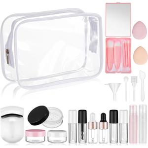 Maxdot 20 Pack Travel Makeup Containers Set Mini Makeup Brush Empty Bottles Kit with Finger Puff Spatulas Leak Proof Refillable Cosmetic Accessories for Liquid Toiletries Skincare Shampoo Mascara