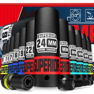 14 Piece 1/2" Drive Impact Socket Set, 8 mm - 22 mm Deep Socket, Metric Socket Set With Adapter & Quick-Release Holder, 6 Point, CR-V, Automotive Maintenance, Machinery Manufacturing