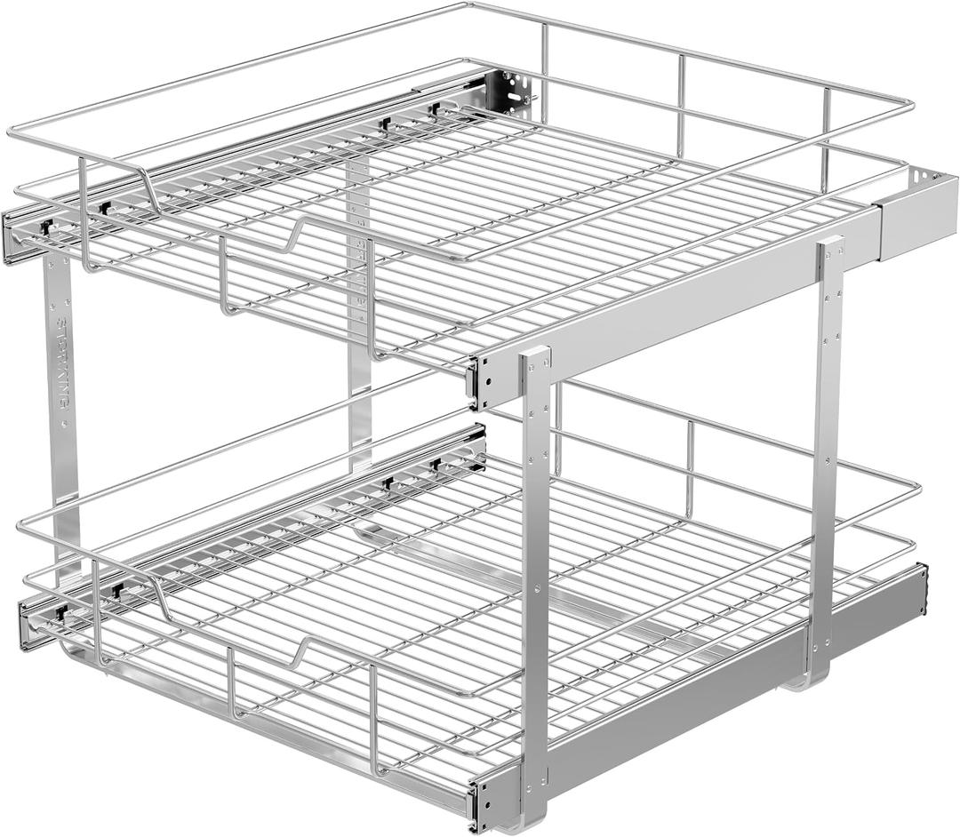 2 Tier Pull Out Cabinet Organizer 20" W X 22" D, Slide Out Drawers For Kitchen Cabinets, Pull Out Drawers For Cabinets Capacity Heavy Duty Caddy, Cabinet Pullout Shelves Chrome-Plated,Bathroom Pantry