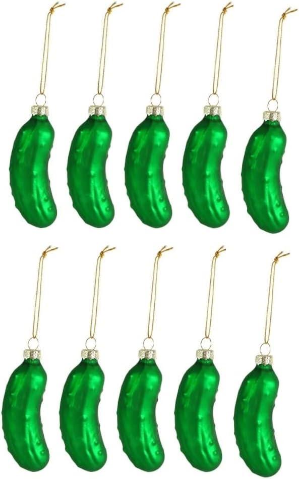 10 Pcs Christmas Pickle Glass Ornament Lucky Pickle Green Glass Christmas Tree Ornament for Tradition Christmas Tree Party Decor