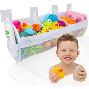 Comfylife Large Bath Toy Organizer  3 Compartment Bath Toy Holder for Bathtub & Shower  Quick-Dry Mesh with 4 Strong Adhesive Hooks  Kids Toys Storage Net for Bathroom, shower & Tub (White Long XL)