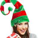 BigOtters Christmas Elf Hat, Long Striped Felt Hat with Cute Brooch Pin for Kids Adults