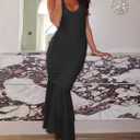 Women's Sexy V Neck Tie Halter Mesh Ruffle Hem Ruched Bodycon Cocktail Party Maxi Dresses (S)