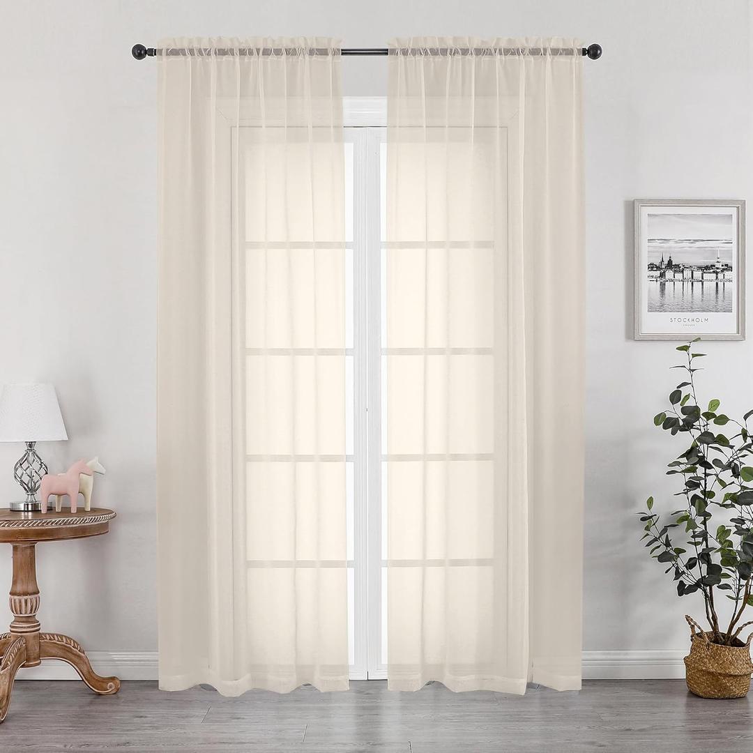 OWENIE Cream Sheer Curtain 96 Inch Long 2 Panels Set, Light Filtering Clear Rod Pocket Soft Sheer Curtain 95 for Bedroom/Living Room, 2Pcs, Each 42" W x 96" L, Cream
