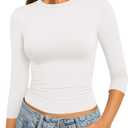 GKBK 3/4 Length Sleeve Womens Tops Crop Crewneck Fitted Layering Shirts Basic Casual Going Out Summer Tees (White, S)