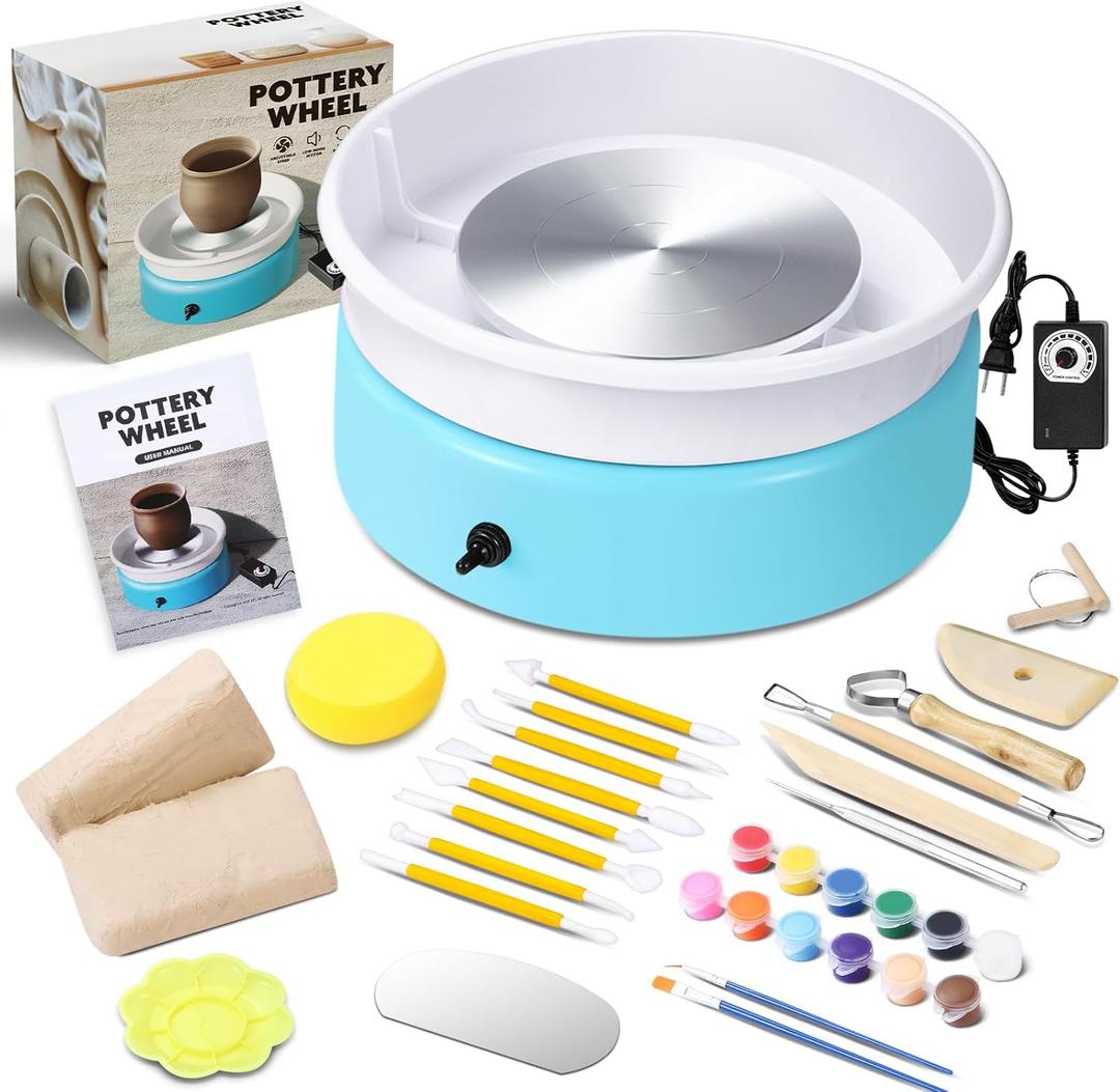 Goody King Mini Pottery Wheel-9.4Pottery Wheel for Adults Beginners Kids, Upgraded Movable Turntable with Adjustable Speed with 16 Pottery Shaping Tools, Supports Forward and Reverse Rotation-Blue