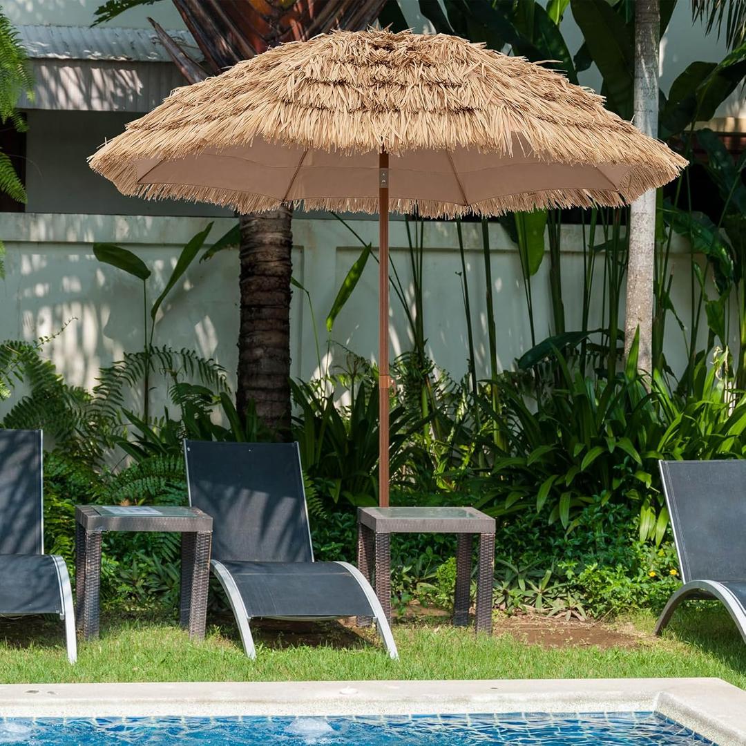 Tangkula 7.2Ft Tiki Patio Umbrella, Hawaiian Style Outdoor PE Grass Umbrella with Tilt Adjustment, 8 Ribs, Portable Thatched Beach Umbrella for Garden, Yard, Poolside