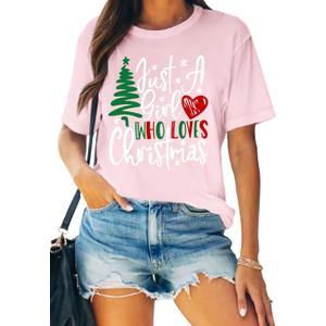 Womens Christmas Shirts Just A Girl Who Loves Christmas T-Shirt Xmas Tree Tee Tops M, Pink