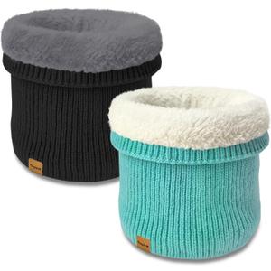 Unisex Kids Fleece-Lined Ribbed Thermal Knit Neck Warmer Gaiter | Dual Layer Winter Scarf Face Cover for Skiing Hiking (Black/Lake Blue)