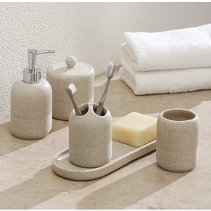 5-Pieces Bathroom Accessory Set Hight Quality Polyresin Ensemble-Lotion Dispenser/Toothbrush Holder/Cotton Jar/Tray/Tumbler Cup