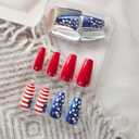 2 x Long Press on Nails Independence Day Fake Nail Red Blue Stripe Star Design False Nails Glossy National Flag Glue on Nails Summer Coffin Shape Acrylic Nails Artificial Stick on Nail for Women