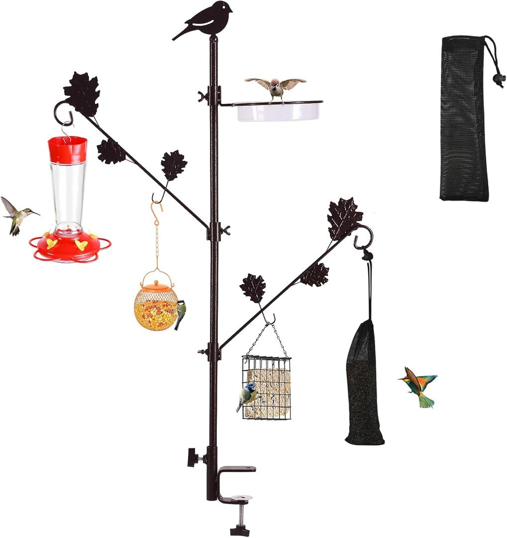 ERYTLLY 42in Deck Bird Feeder Station Kit, Wild Birds Bird Feeding Station for Outside Hanging Plants Holder Deck Pole Porch Multi-Hook Bird Feeder with Water Bowl for Balcony, Garden and Patio