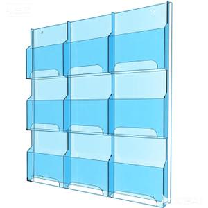 33" Blue Acrylic Wall Display for Magazines and Pamphlets, Space Saving Literature Storage Rack for Offices