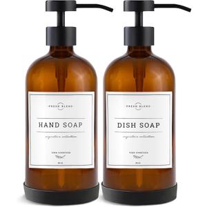 Vine Creations Amber Glass Soap Dispenser Set - Kitchen Soap Dispenser Set with Stainless Steel Pump - 16 oz Dish Soap and Hand Soap Dispensers for Bathroom with Silicone Pad & Waterproof Labels (Amber Bottle / Matte Black Flat-style Pump)