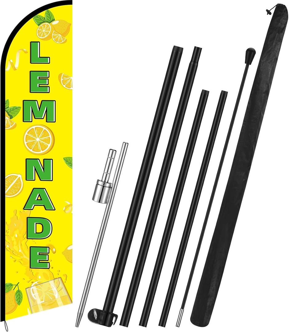 Fanfanwin Lemonade Feather Flag with Pole Kit 15 ft Banner Sign for Business Advertising Feather Flag Sign with Flagpole for Outside Garden Business Store Party, 30.48 x 144 inches
