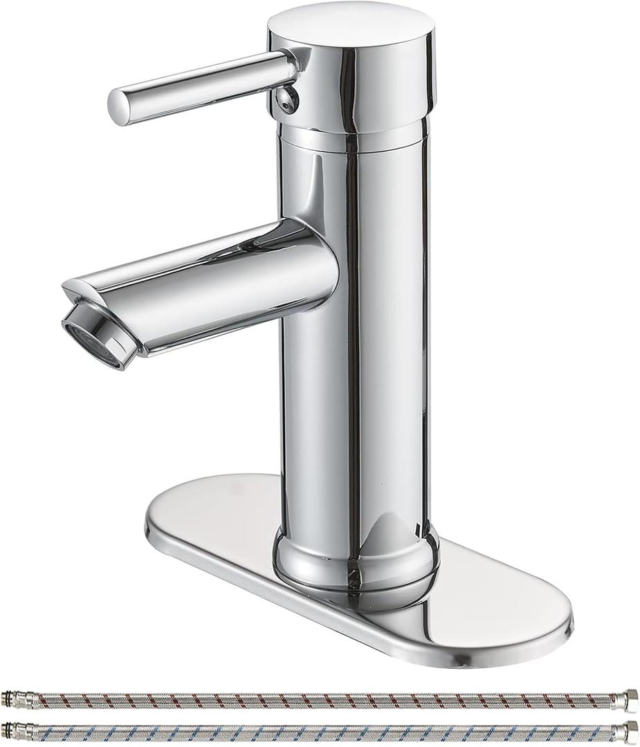 Bathroom Faucets 1 Hole, Single Handle One Hole Bathroom Sink Faucet, Commercial Deck Mount Lavatory Vanity Faucet with Cover Plate and Supply Line, Chrome (Short)