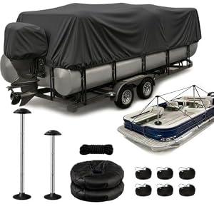 Navoriá Heavy Duty Pontoon Boat Cover with Support Poles - 1200D Waterproof Pontoon Boat Cover 25-28 ft, Includes Motor Cover & 18 Tie-Down Straps for Windproof Storage and Trailering, Jet Black
