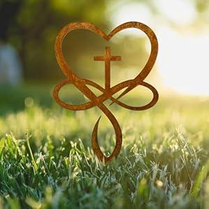 Metal Infinity Heart Cross Yard Garden Stake, Forever in Our Hearts Memorial Decor, Christian and Love Sign, Gravesite Gravestone Grave Decoration for Mom Dad Cemetery Sympathy(Rusty)