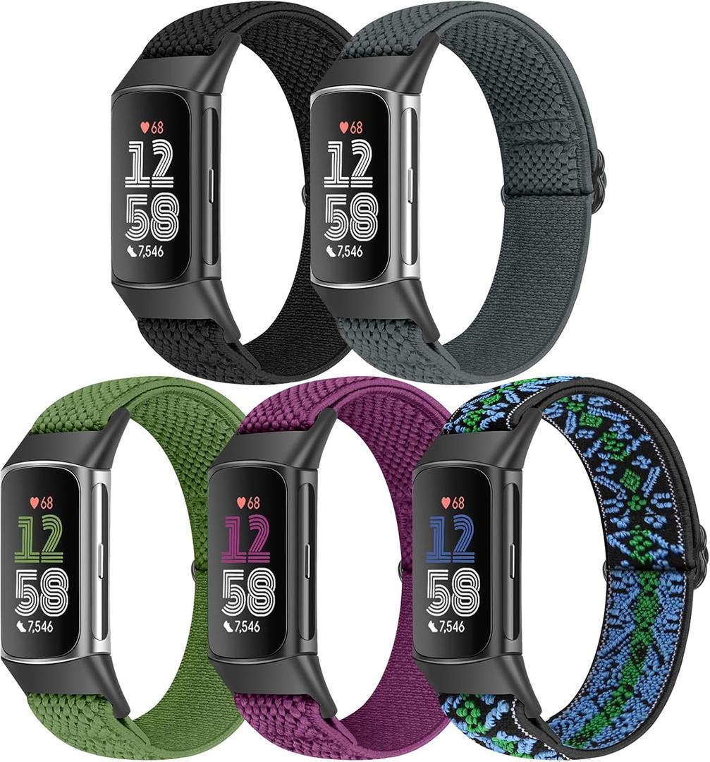 5 Pack Elastic Nylon Watch Bands Compatible for Fitbit Charge 6/Fitbit Charge 5, Adjustable Breathable Replacement Stretchy Nylon Loop Wristband Sport Strap for Women Men (Black+Indigo+Navy Green+Purple+Boho Blue) 5 Pack Elastic Nylon Watch Bands Compatible for Fitbit Charge 6/Fitbit Charge 5, Adjustable Breathable Replacement Stretchy Nylon Loop Wristband Sport Strap for Women Men (Black+Indigo+Navy Green+Purple+Boho Blue)