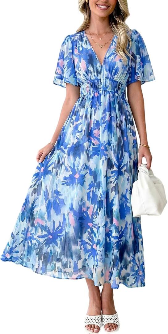 Flessibili Womens Summer Floral Maxi Dress Wedding Guest Party Long Dresses 2026 (M)