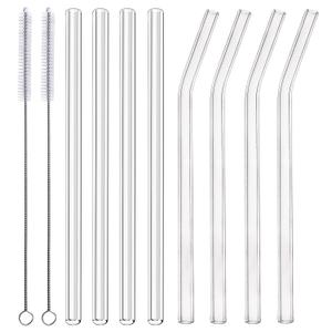 ALINK Glass Smoothie Straws, 10" x 10 mm Long Reusable Clear Drinking Straws, Pack of 8 with 2 Cleaning Brush,