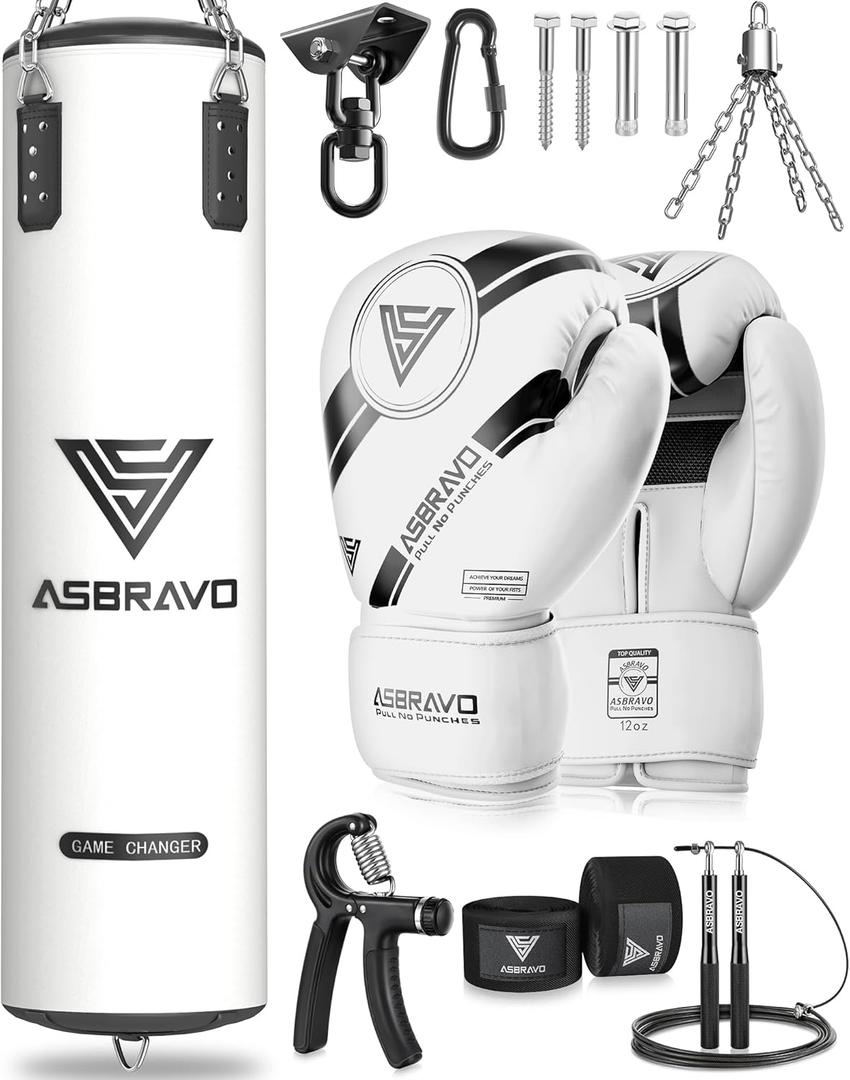 Punching Bag for Adults, 4ft PU Heavy Boxing Bag Set 12OZ Gloves for MMA Muay Thai Kickboxing Training Home Gym, Martial Art (Unfilled) (White)