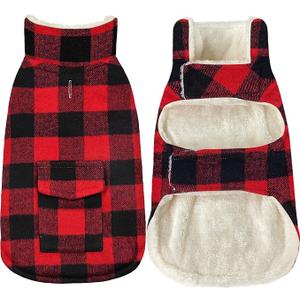Malier Winter Coat for Dogs  Classic Plaid Fleece Cold Weather Jacket With Pocket, Windproof Warm Vest Clothes for Small Medium Large Dogs (Red, Medium)