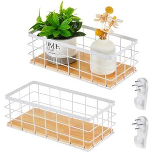 Funrous 2 Pcs Metal Small Wire Basket Wall Hanging Wire Basket Hang Small Bathroom Kitchen Storage Organizer Toilet Paper Mesh Storage Bin Shelf Rack with Base(White,11.42 x 5.12 x 3.94 Inches)
