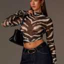 WDIRARA Women's Zebra Print Mesh Sheer T Shirts Mock Neck Long Sleeve Tee Y2k Fitted Crop Tops Army Green Large