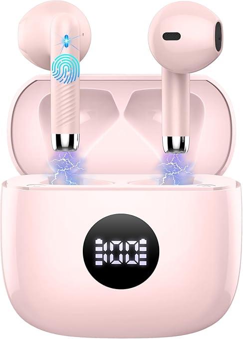 Wireless Earbuds, Bluetooth 5.4 Ear Buds LED Power Display Headphones Bass Stereo, Bluetooth Earbuds in-Ear Noise Cancelling Mic, 40H Playback Mini Case IP7 Waterproof Sports Earphones for Android iOS, Pink