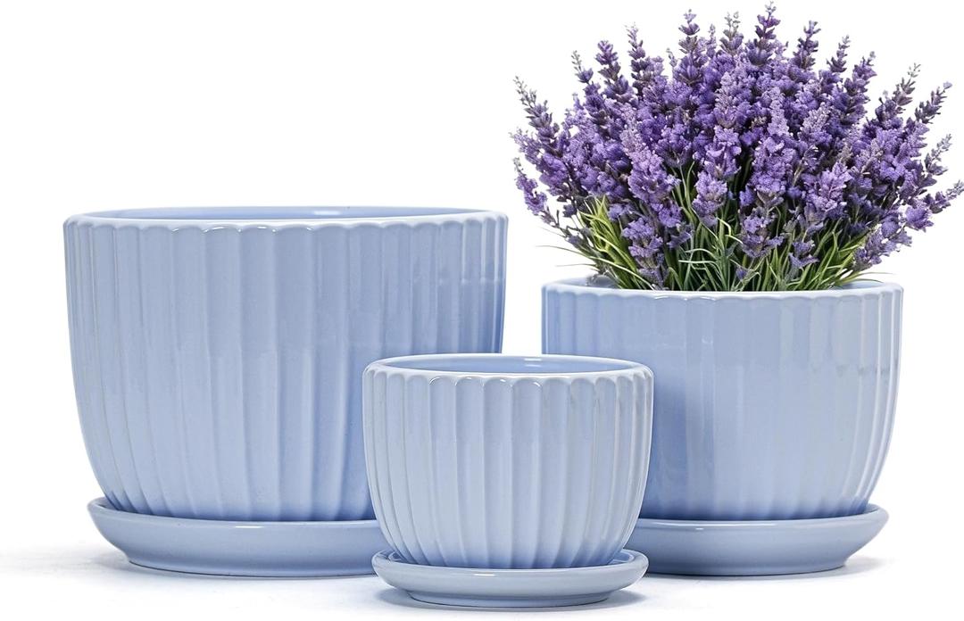 Ton Sin Sky Blue Ceramic Flower Pots, 4"+5"+6" Inch Small Succulent Planters with Drainage Hole,Modern Indoor Decorative Plant Pots Set of 3,Garden Pots with Saucer(Blue)
