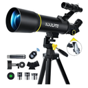 Telescope, 70mm Aperture 400mm AZ Mount Astronomical Refracting Telescopes (20x-200x) for Kids & Adults, Portable Travel with Tripod Phone Adapter, Remote Control, Easy to Use, Black