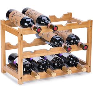 Wine Rack, Natural Bamboo Storage Rack Freestanding Countertop Stackable Display Shelf Wine Bottle Holder (3-Tiers 12-Bottles)