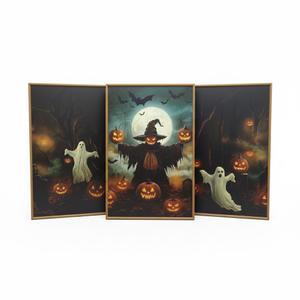 Spooky Halloween Ghost Lighted Pumpkin Framed Canvas Wall Art Set,Gothic Inspired Cute Black Cat Witch Hat Wall Decor,Vintage Foggy Forest Castle Artwork for Living Room, Bedroom-16 x24 x1