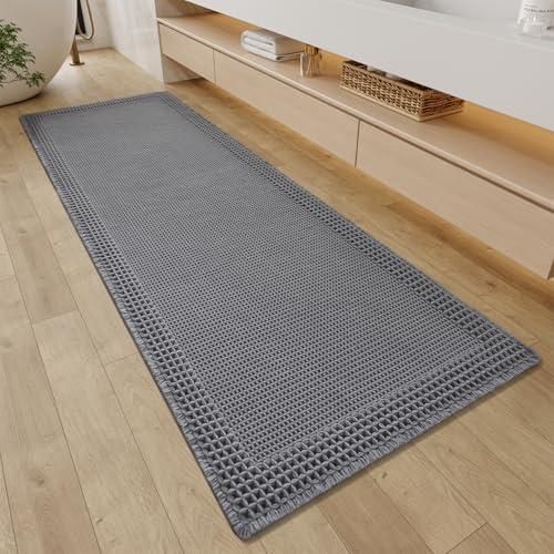 RESARE Waffle Bathroom Runner Rugs, Super Absorbent Bath Mat Non Slip Washable Quick Dry, Upgraded Ultra Soft Boho Bath Rugs with Tassels for Hallway Bedroom Laundry Room, 2'x6'(24"x72"), Dark Grey