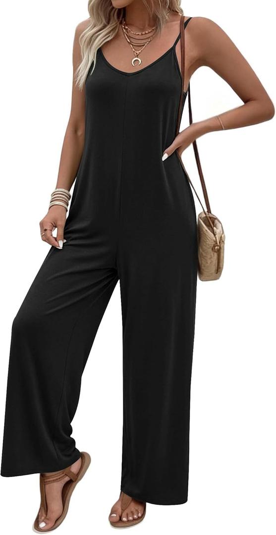 Ekouaer Women Jumpsuits Casual Boho Overalls Sleeveless Spaghetti Strap Long Pants Romper with Pockets (Blue)