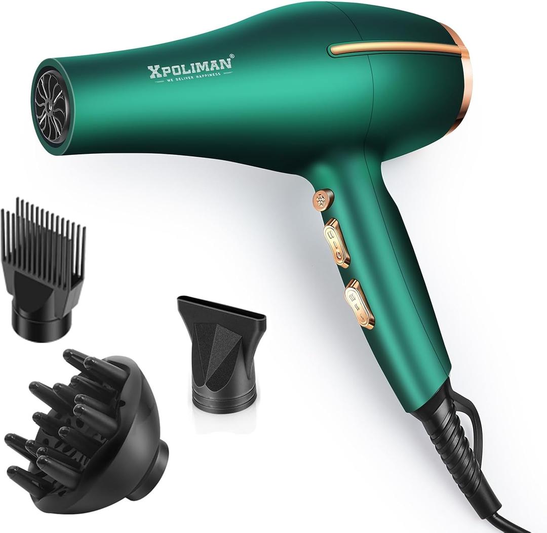 Pro Ionic Salon Hair Dryer,Xpoliman Blow Dryer,Powerful 2000 Watt with AC Motor,Quick Drying Hairdryers Diffuser Fast Dryer Lightweight Best Soft Touch Body Green & Gold