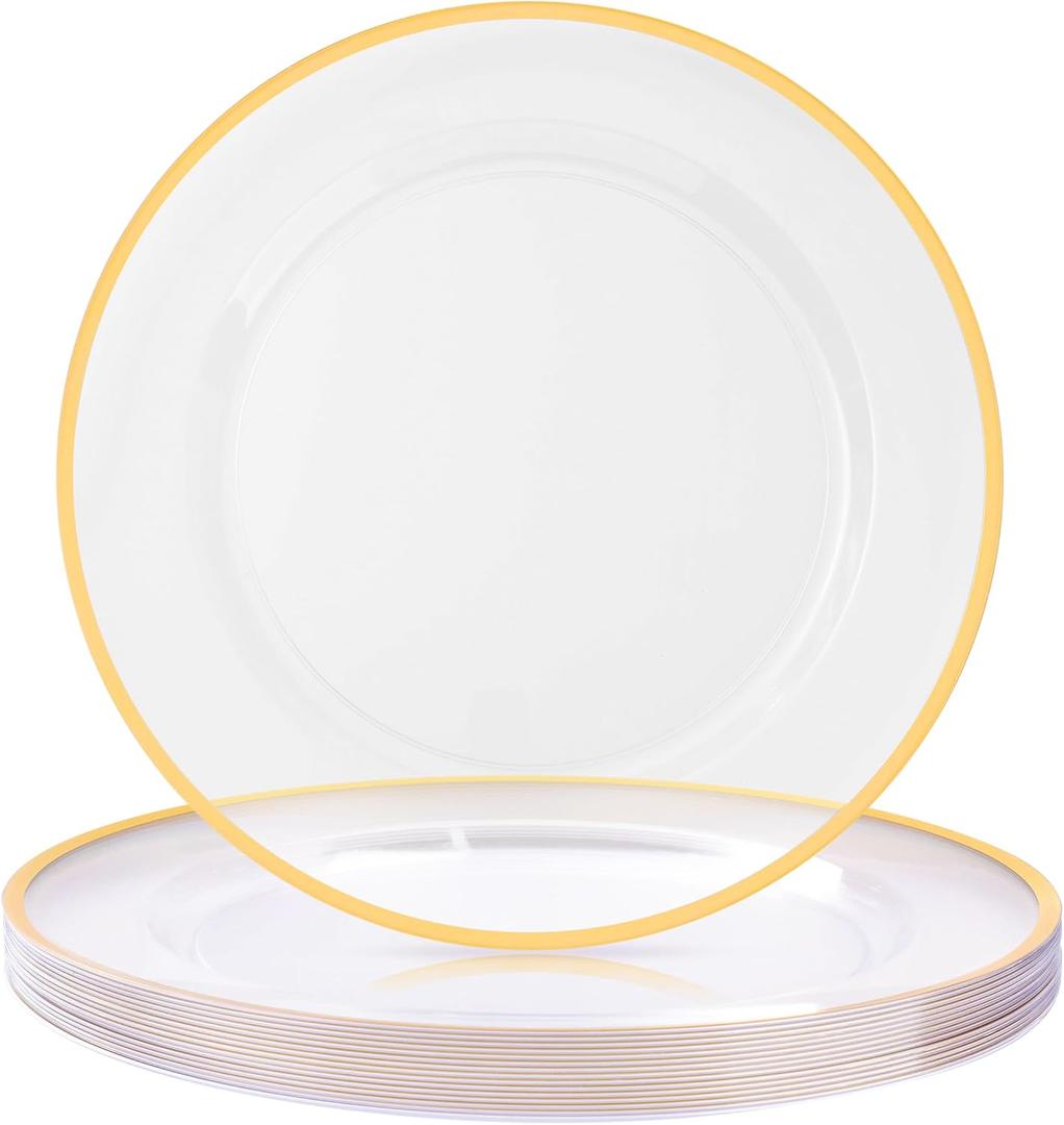 BESTSTAR 12 Inch Disposable Charger Plates, 15 Pack Plastic Clear Plates with Gold Rim, Perfect Table Decor for Party, Wedding, Dinner