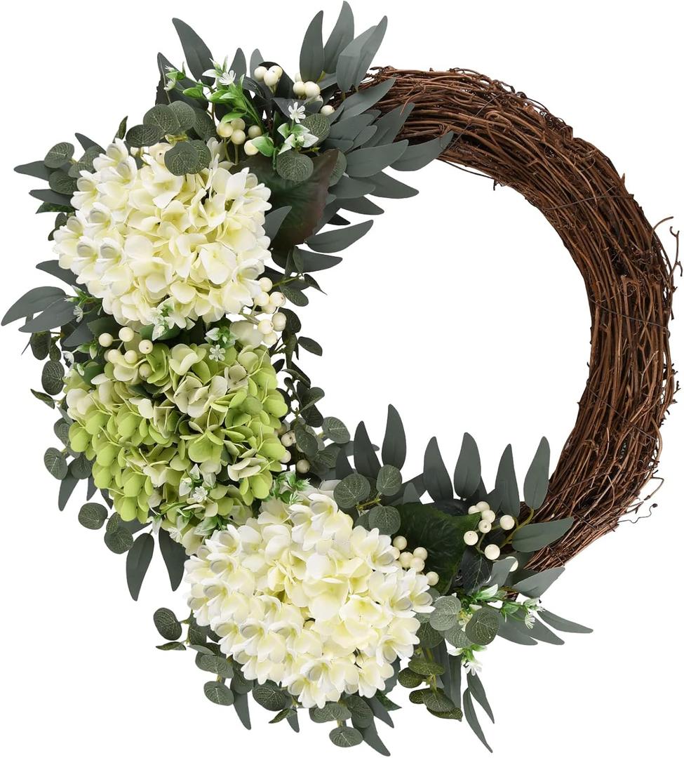 Spring Flower Wreath for Front Door, 20 Inch Hydrangea Door Wreath with White Berries, Summer Eucalyptus Wreaths for Front Door Outside All Season, Farmhouse, Indoor Outdoor Wall Decor
