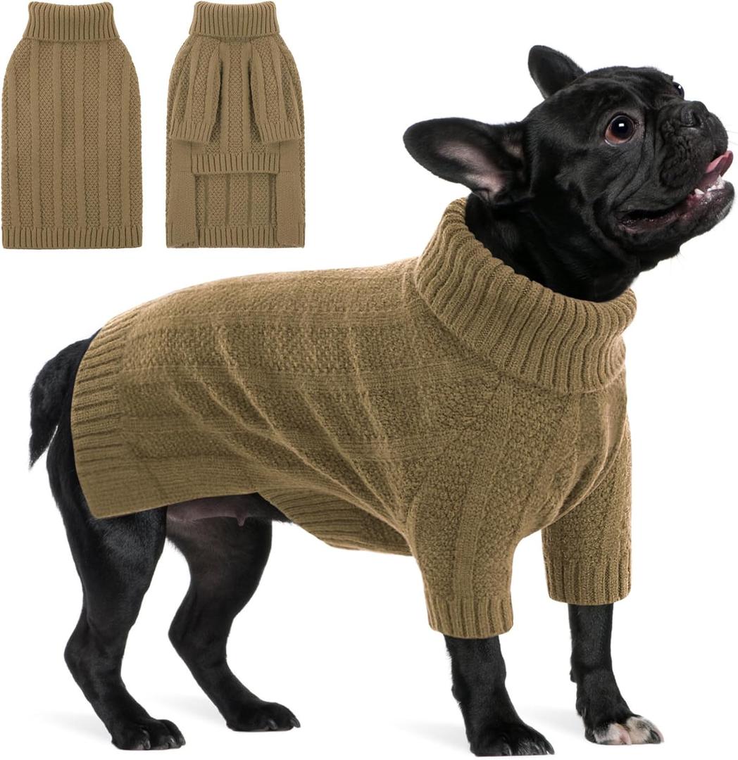 Queenmore Dog Sweaters for Medium Dogs Girls Boys, Soft Dog Sweater Christmas, Turtleneck Pullover Pet Sweaters Knitwear Outfit for Holiday, Knitted Soft Thick Warm Sweater for Bulldog, Dachshund (Camel, M)