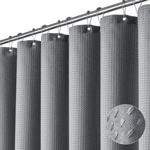Dynamene Extra Long Shower Curtain,96 Inch Long Waffle Weave Weighted Thick Cloth Bathroom Shower Curtain, Neutral Heavy Duty Hotel Bath Curtain Set with 12 Plastic Hooks,72x96,Grey/Gray