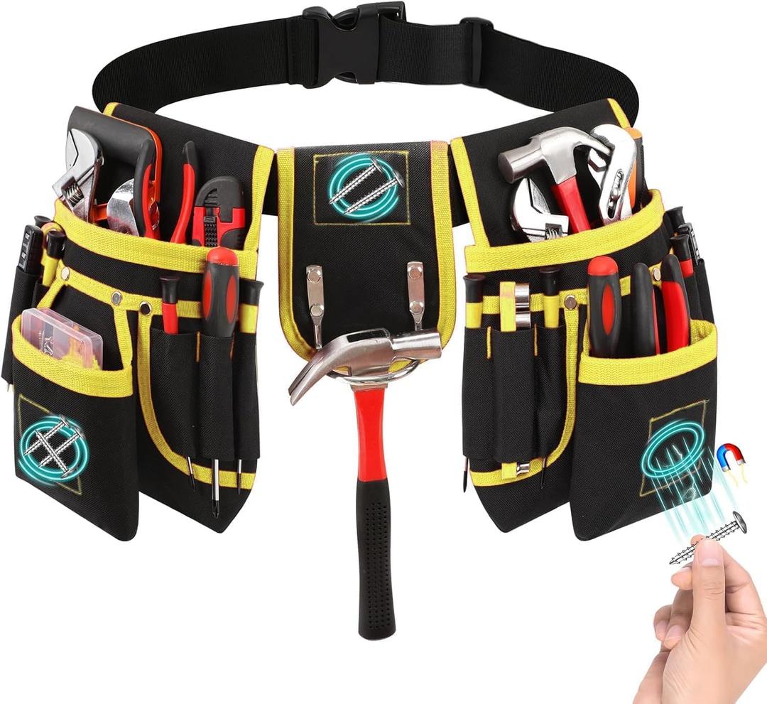Tool Belt with 27 Pockets and 3 Magnetic Zones, Freely-Combinable, Heavy-Duty yet Lightweight Tool Pouch & Tool Belts for Men: Electricians, Carpenters,DIYersA Great Gift Fathers and Husbands(Yellow)