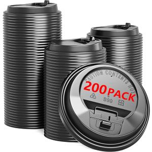 200 Pack Coffee Cup Lids, Black Plastic Dome Lids for 10/12/16/20/24 oz Paper Cups - Leak-Proof Disposable Lids for Hot/Cold Drinks (3.54 Inches/90 mm)