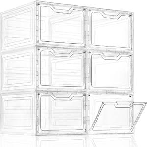 6 Pack Closet Organizers and Storage,Clear Stackable Plastic Storage Bins with Lids Magnetic Doors,Clothes Organizers and Storage,Plastic Craft Containers for Wardrobe Kitchen Bathroom Office (Clear-6Pack)